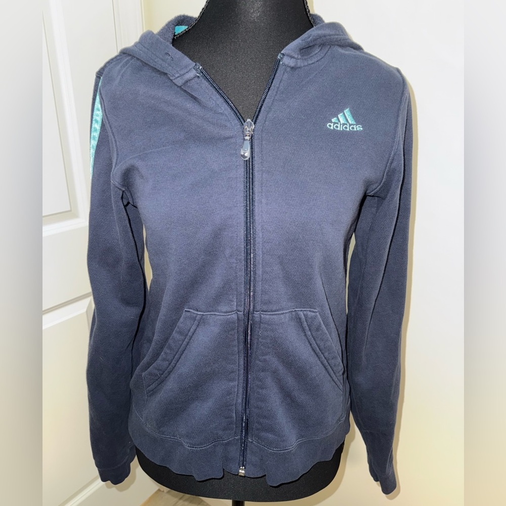 Adidas navy blue, zip-up, hooded sweatshirt
